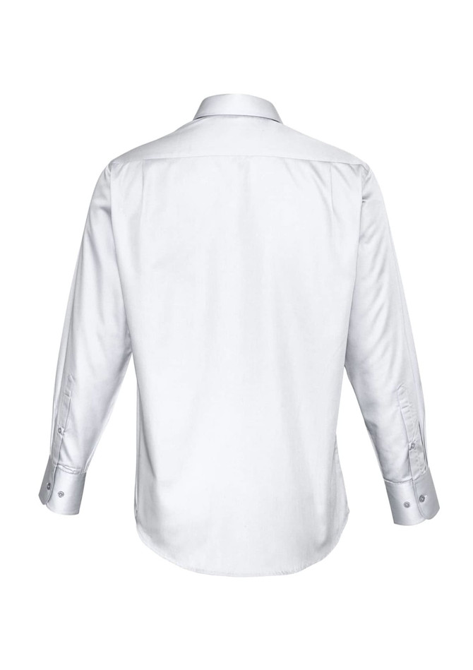 A white long sleeve button-up shirt featuring a smooth fabric and a simple design. It has a logo on the back.