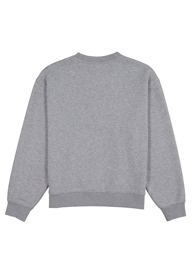 A grey women's crew sweatshirt with a relaxed fit and ribbed cuffs. The back is plain and features a logo.