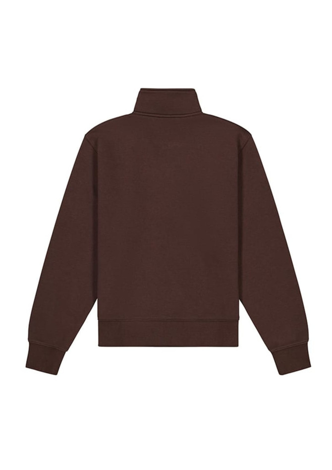 A brown women's 1/4 zip jumper, featuring a high collar and long sleeves, with a logo on the back.