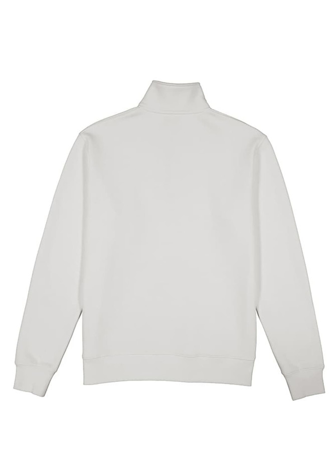 A white men's jumper featuring a 1/4 zip collar and long sleeves, with a simple design and a logo.