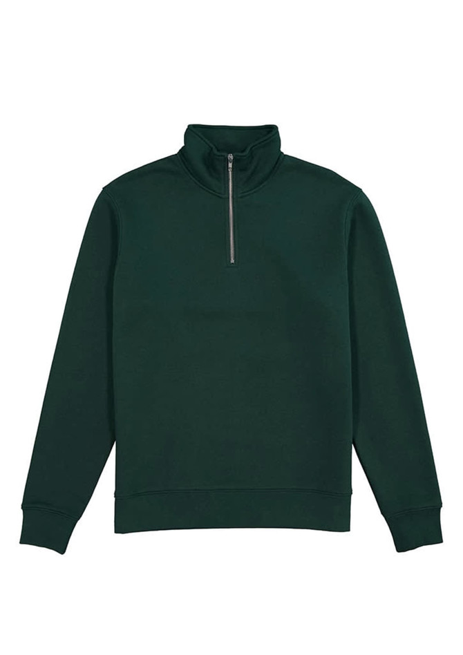 A green men's jumper featuring a 1/4 zip design and a high collar, with a branding logo.