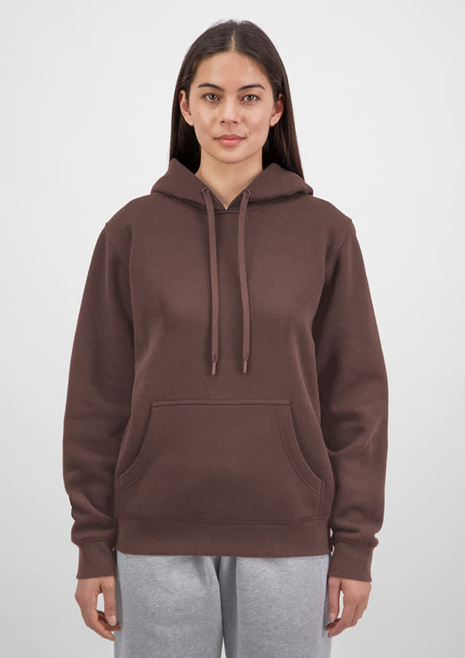 A brown women's hoodie with a front pocket, drawstring hood, and long sleeves, featuring a logo.