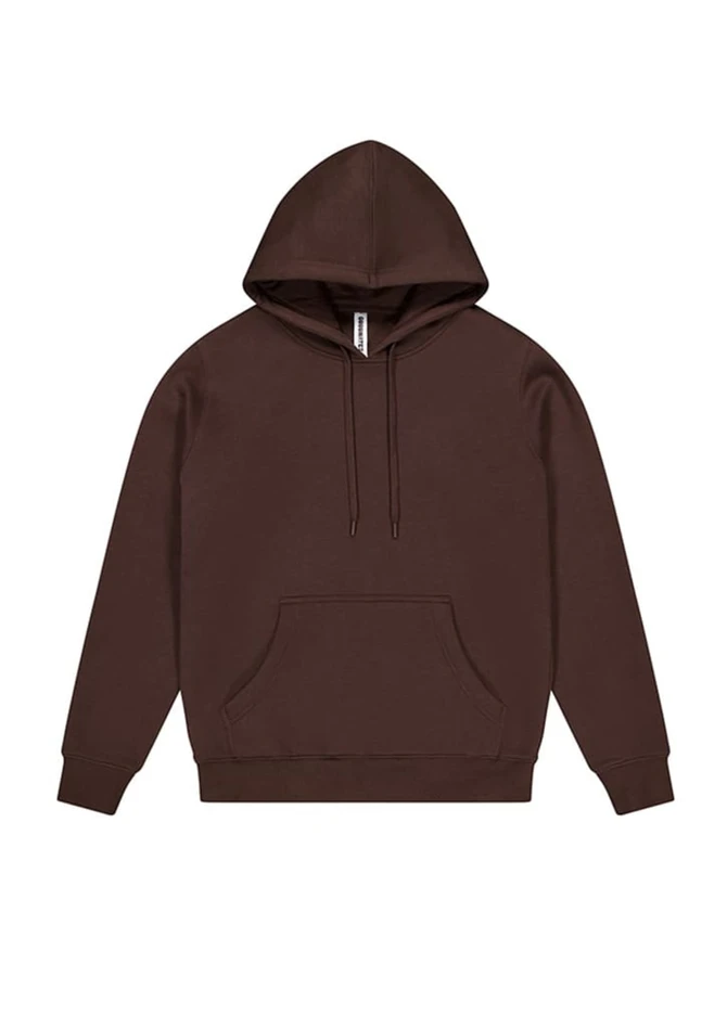 A brown women's hoodie featuring a front pocket and a drawstring hood. The hoodie has a simple design with a logo.