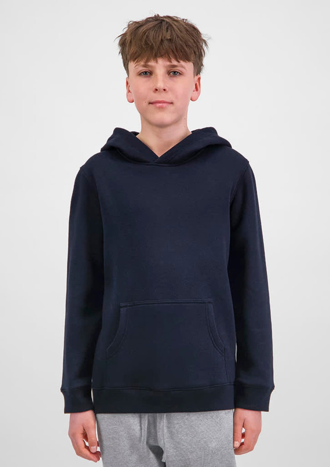 A navy blue hoodie with a front pocket, featuring a hood and a relaxed design. It has a logo on the side.