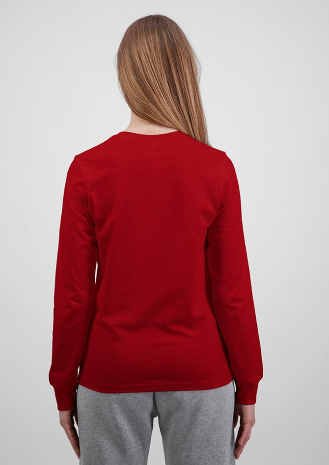 A red women's long sleeve tee viewed from the back, featuring a simple design and a comfortable fit.