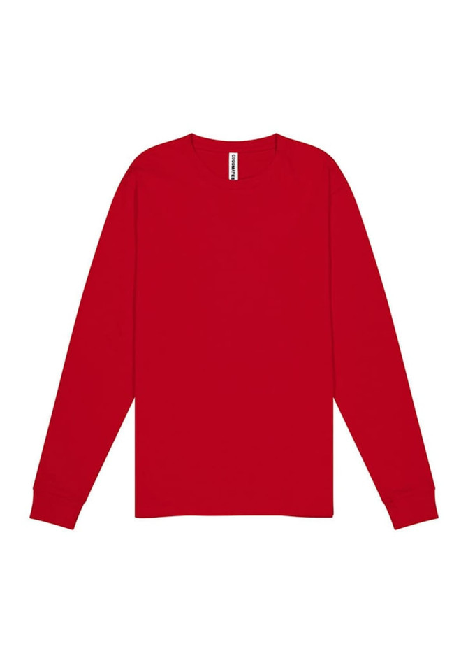A red long sleeve tee with a crew neck and a logo on the label.