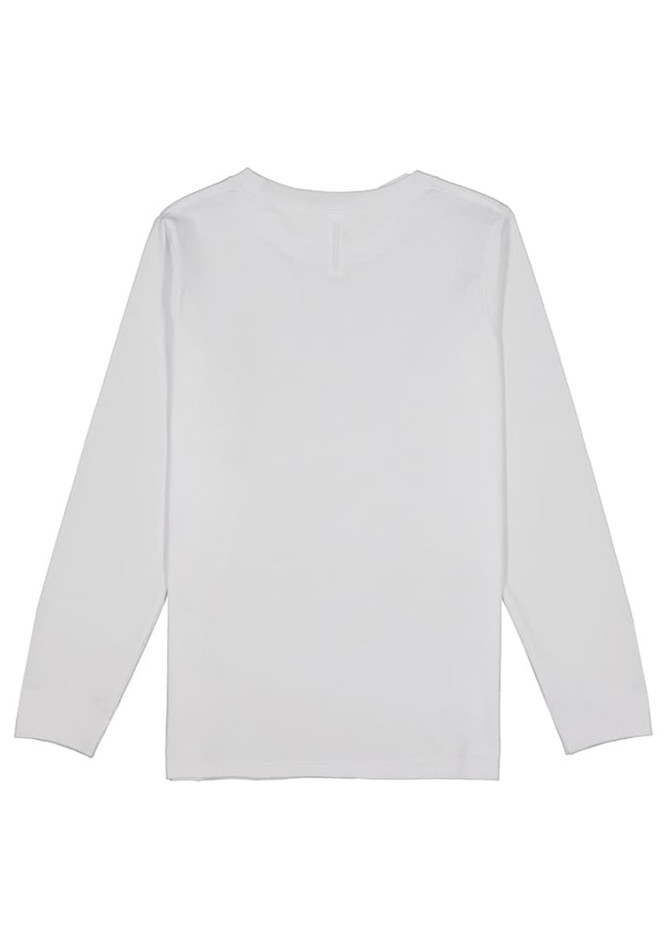 A white long sleeve tee for kids, featuring a plain back, with a small logo.