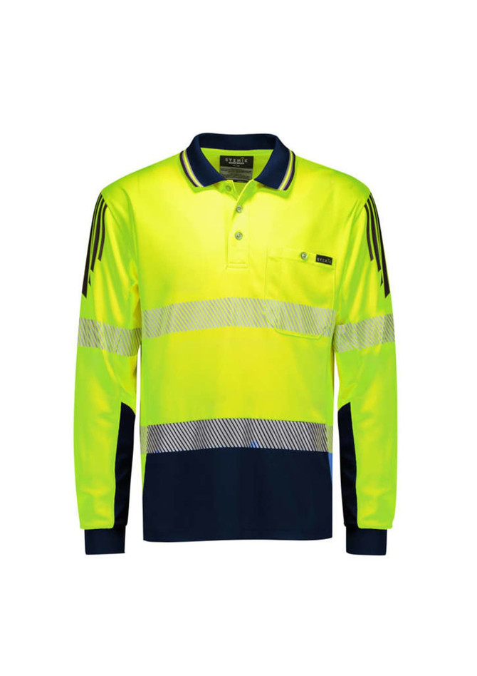 A long sleeve polo in bright yellow with navy blue accents and reflective segmented tape. Features a logo on the chest.