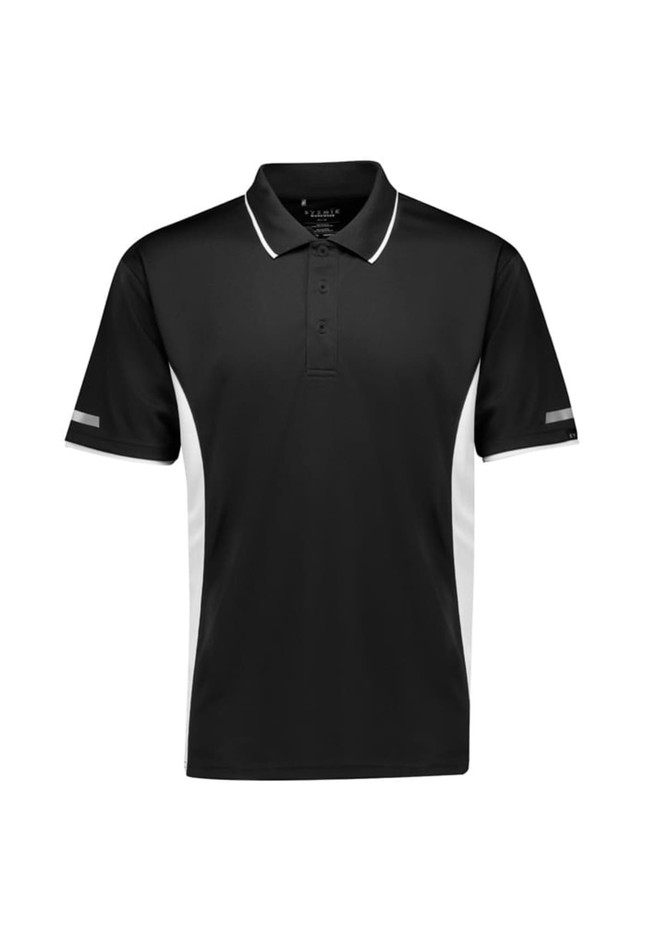 A black short sleeve polo shirt with white side panels and a branding logo.