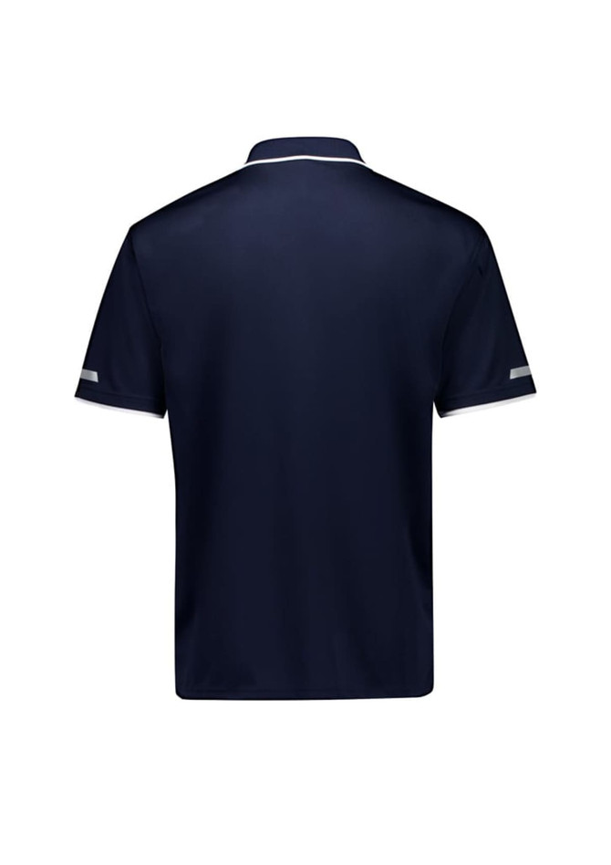 A navy short sleeve polo shirt with a contrasting collar and a logo. The back view shows a clean, simple design.