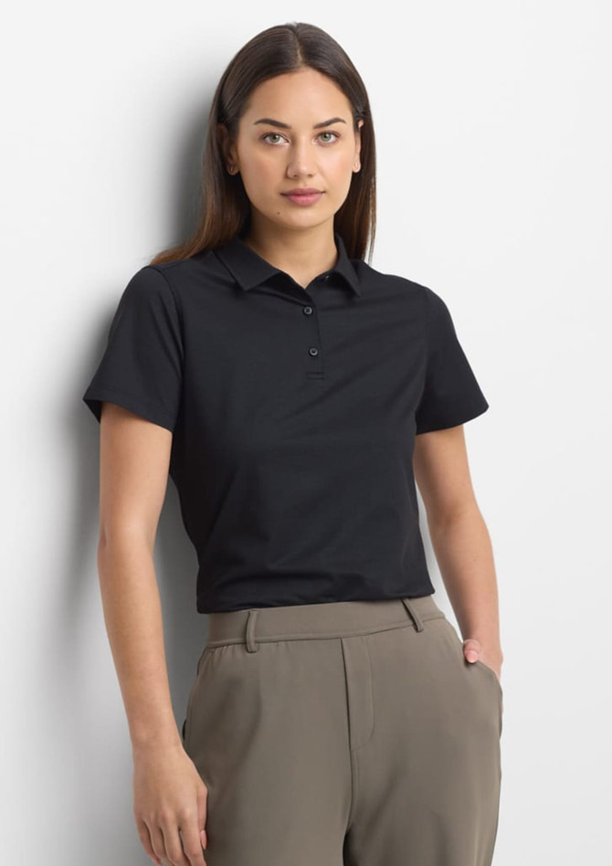 A women's short sleeve polo in black, featuring a classic collar and a logo on the chest.