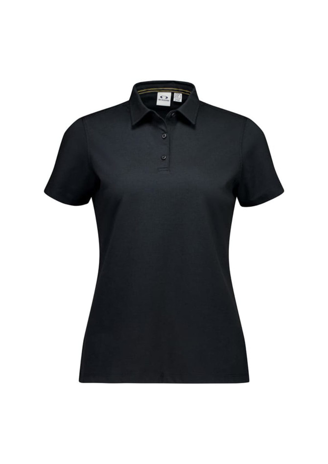 A black short sleeve women's polo shirt featuring a collar and three-button placket, with a brand logo.