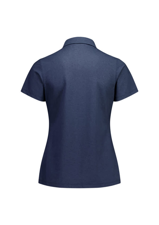 A women's short sleeve polo in navy blue with a classic collar and a logo on the back.