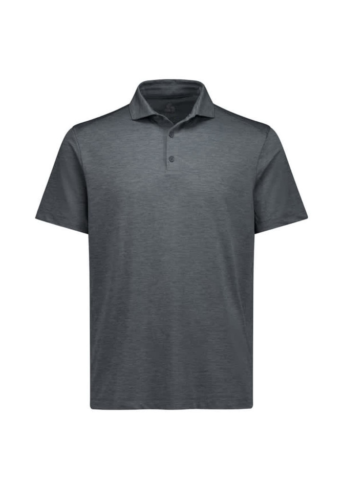 A grey short sleeve polo shirt with a collar and buttons, featuring a logo on the chest.