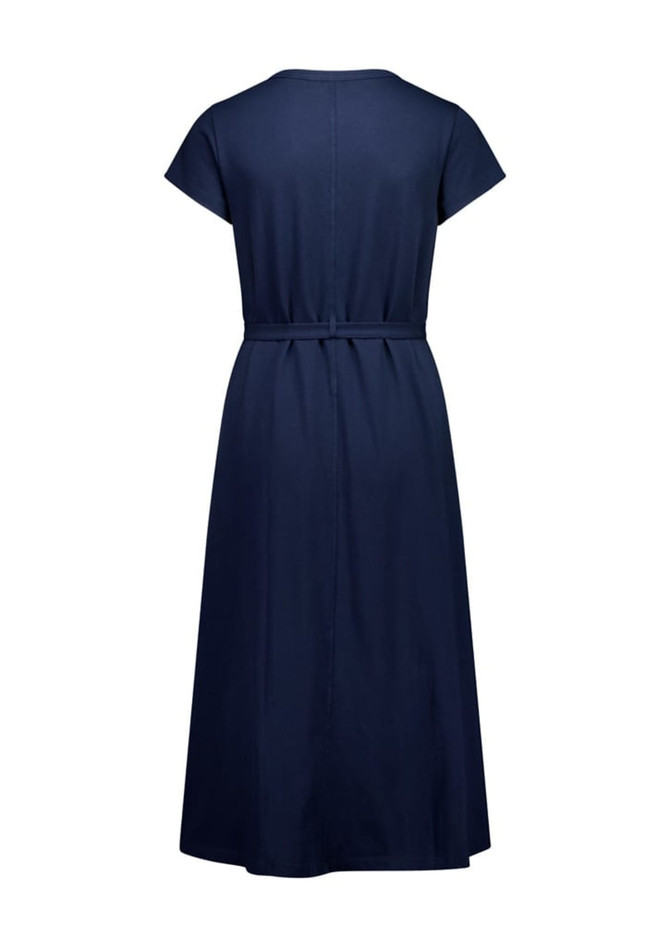 A navy midi dress with short sleeves and a belted waist, featuring a clean back design.