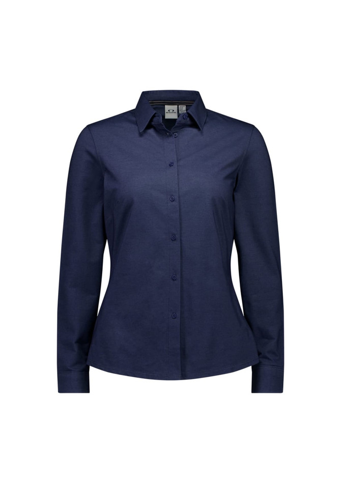 A women's long sleeve button-up shirt in navy blue with a fitted design and a logo on the chest.