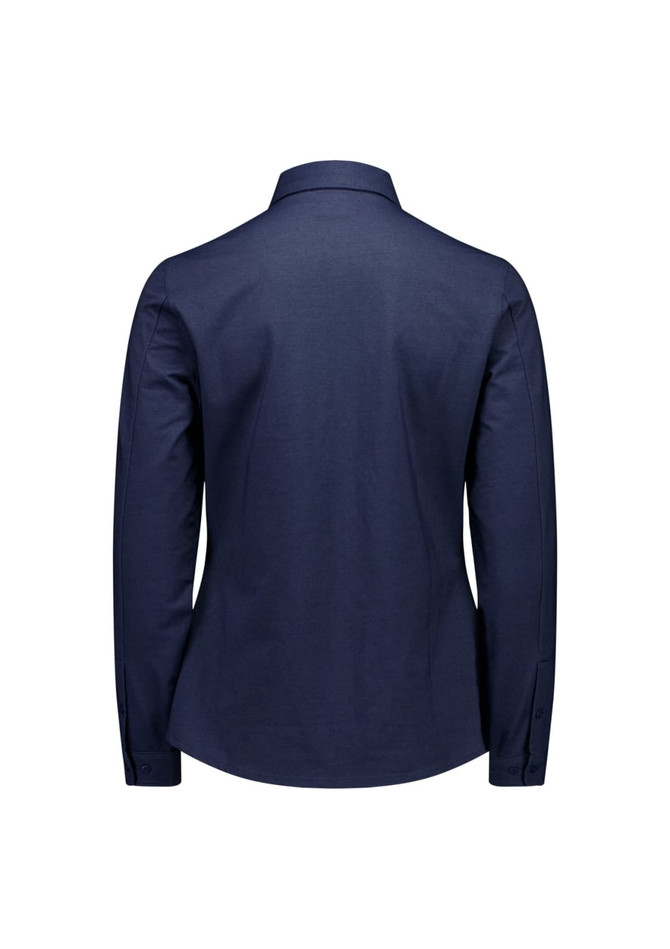 A women's long sleeve button-up shirt in navy blue with a back view and a logo on the collar.