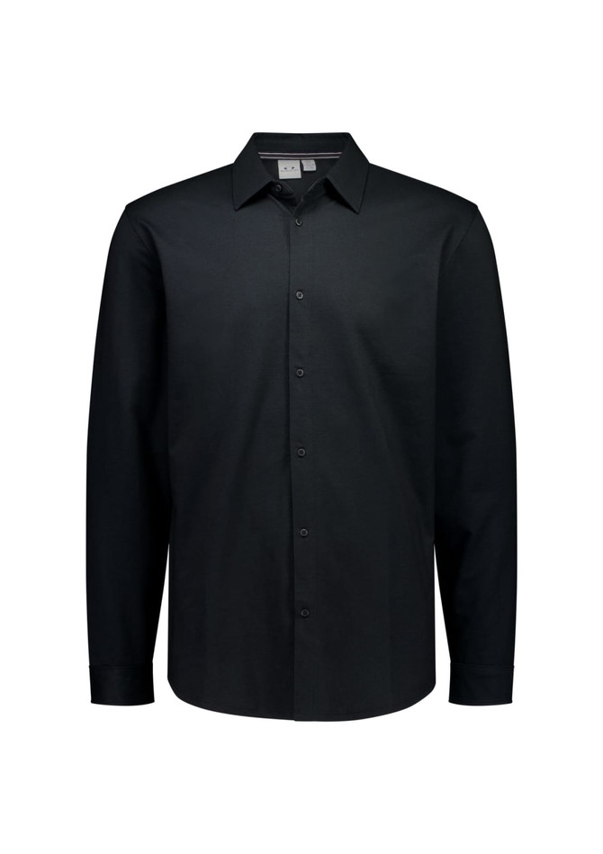 A black long sleeve button-up shirt with a collar and a single logo on the chest.