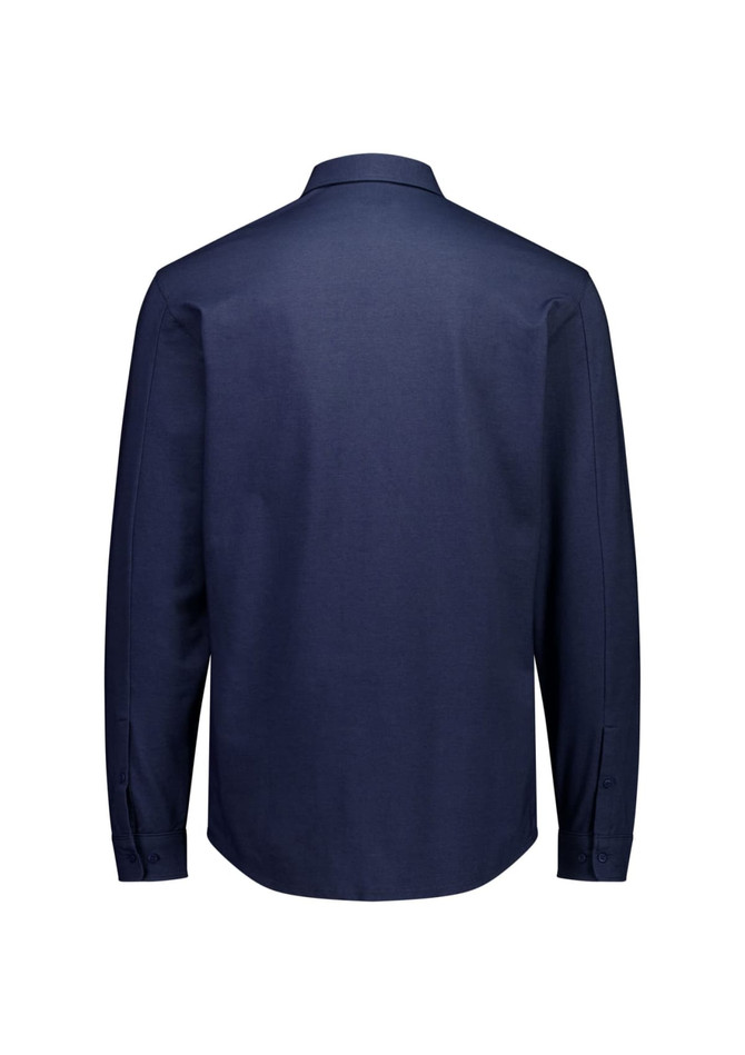 A navy long sleeve button-up shirt with a classic collar and button cuffs, featuring a logo on the back.