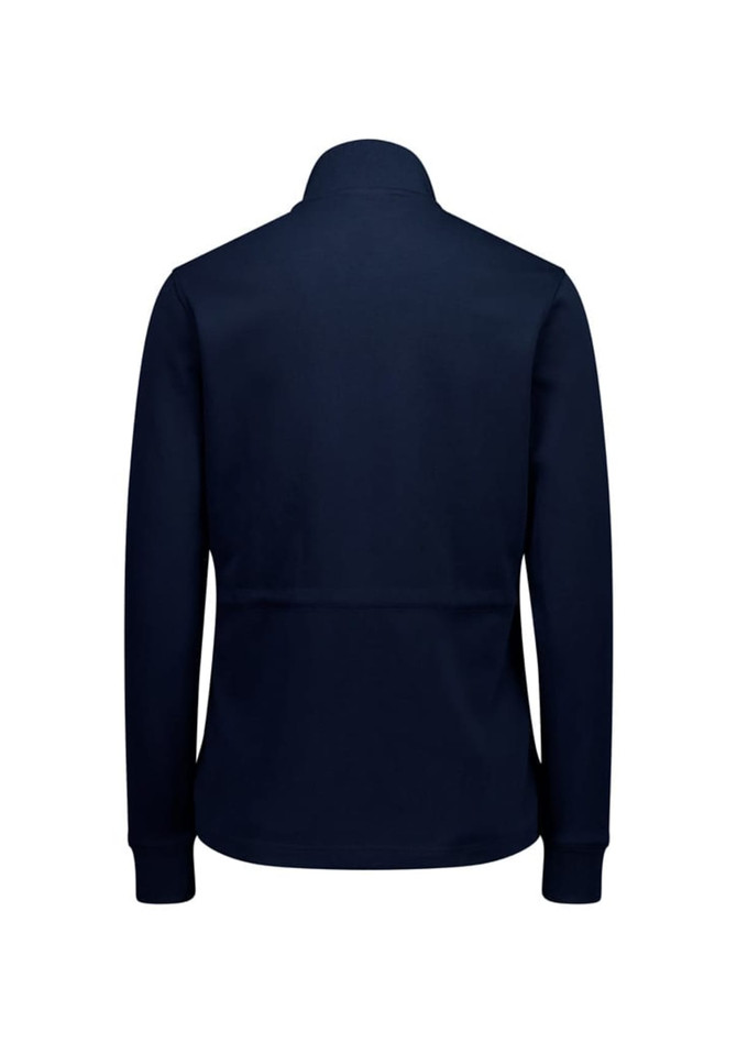 A women's tailored jacket in navy blue, featuring a collar and long sleeves, with a plain back design.
