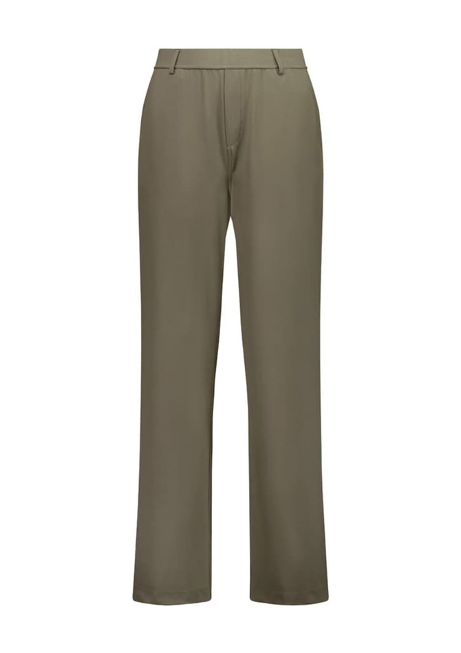 A pair of women's soft stretch pants in an olive green shade, featuring a straight-leg design.