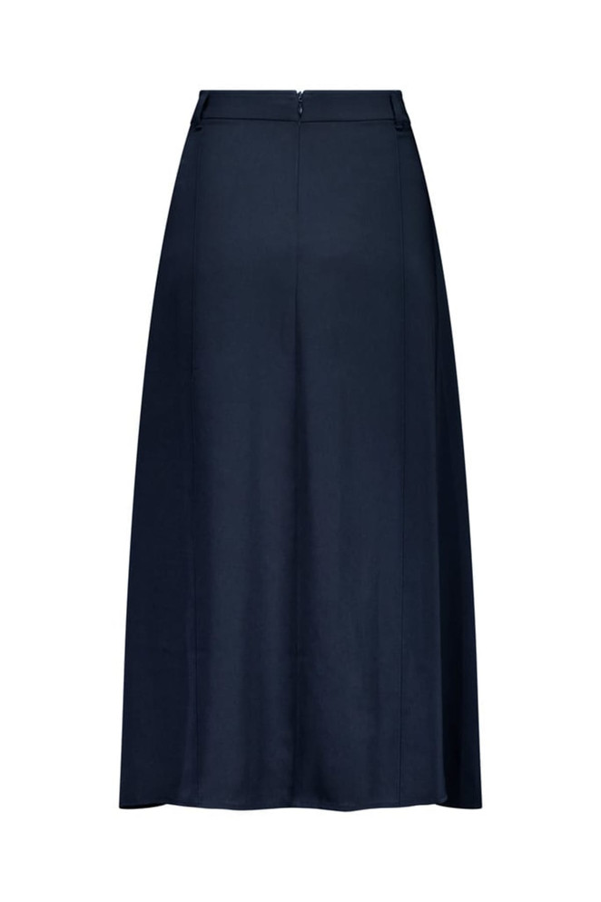 A navy women's skirt with a smooth finish and a relaxed silhouette, featuring a zip closure at the back.
