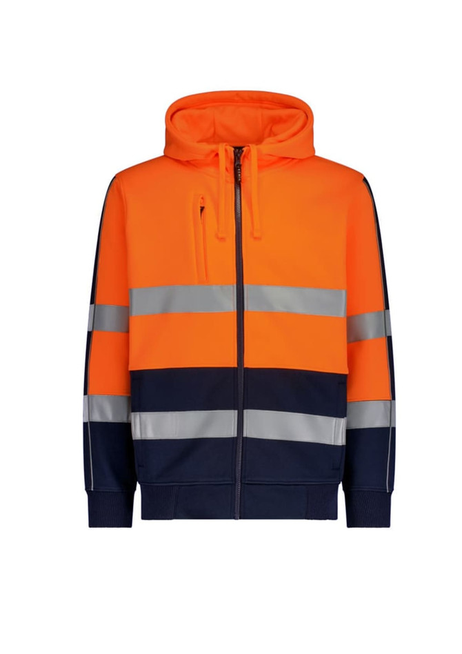 A unisex hi-vis full zip hoodie in bright orange and navy, featuring reflective tape stripes and a hood.