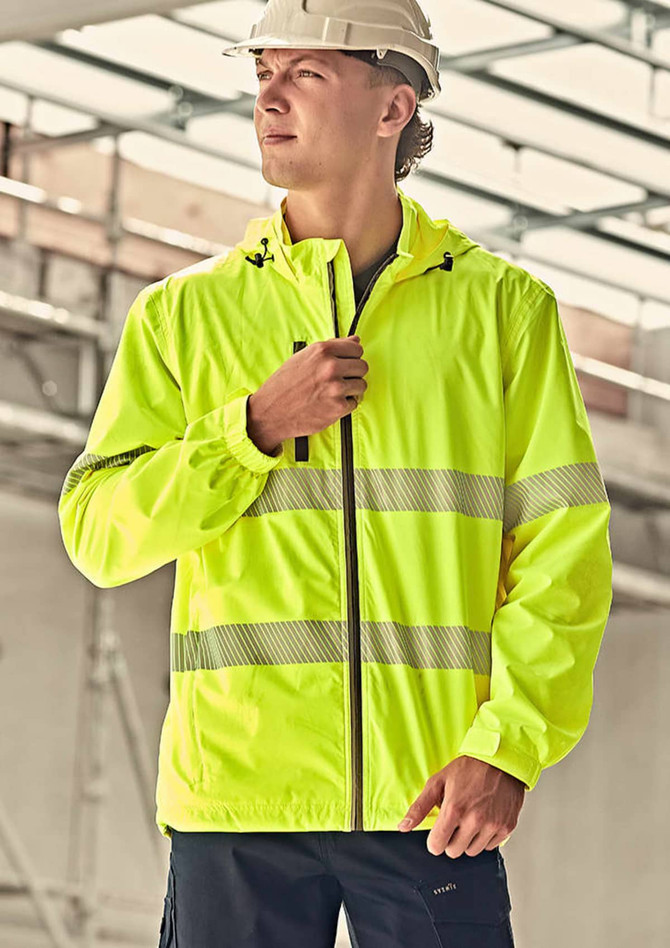 A bright yellow unisex packable rain jacket with reflective stripes, featuring a hood and a zipper.