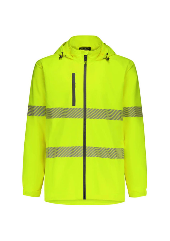 A bright yellow rain jacket with reflective stripes and a hood, featuring a zippered front and pockets.