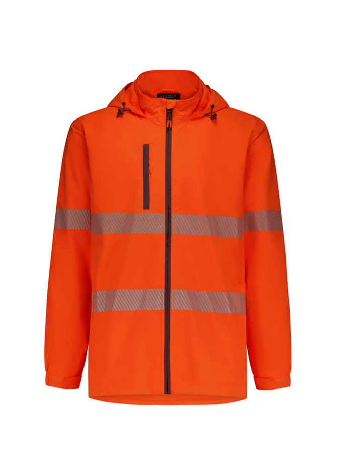 An orange packable rain jacket featuring reflective stripes and a hood. It includes a zippered front pocket.