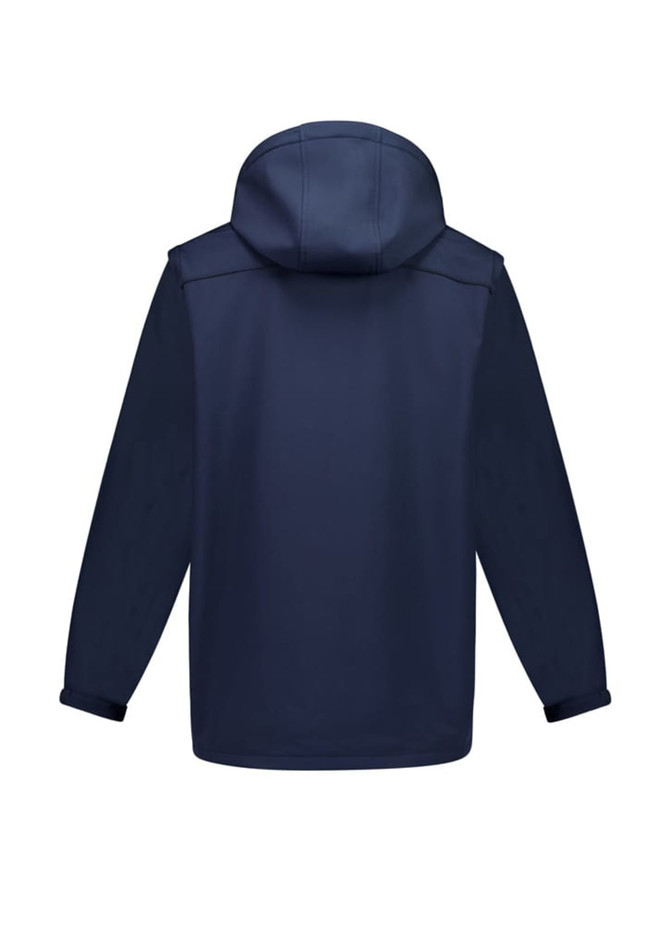 A navy blue unisex softshell jacket with a hood and long sleeves, featuring a branding logo.