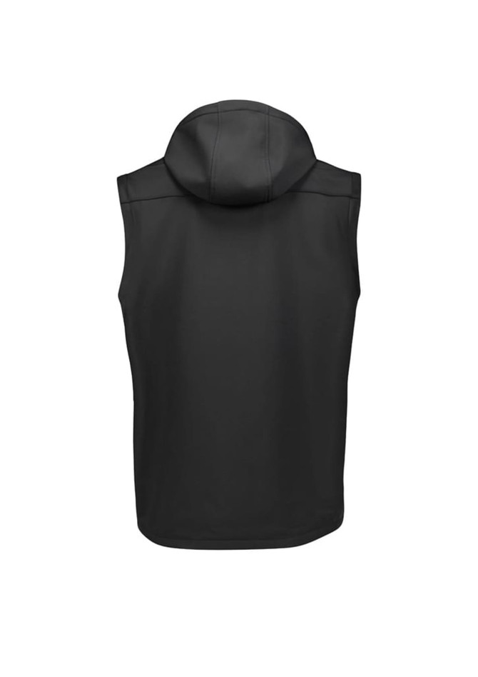 A unisex black softshell jacket with a hood and no sleeves, featuring a logo.