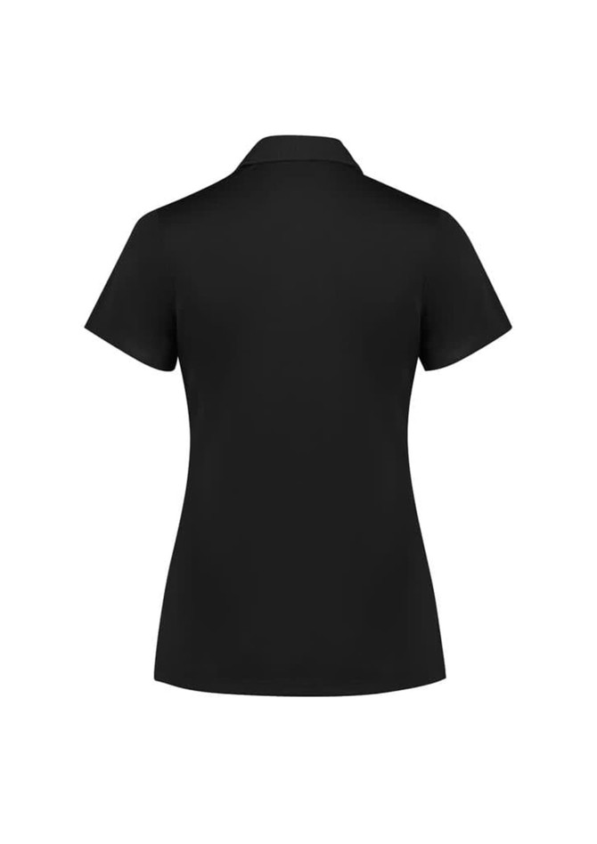 A black women's short sleeve polo shirt with a collar and a logo. The shirt has a fitted design.