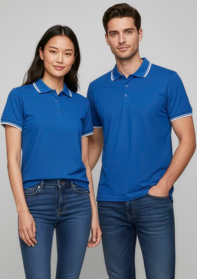 A blue short sleeve polo shirt for women and men, featuring contrasting collar and sleeves, with a logo.