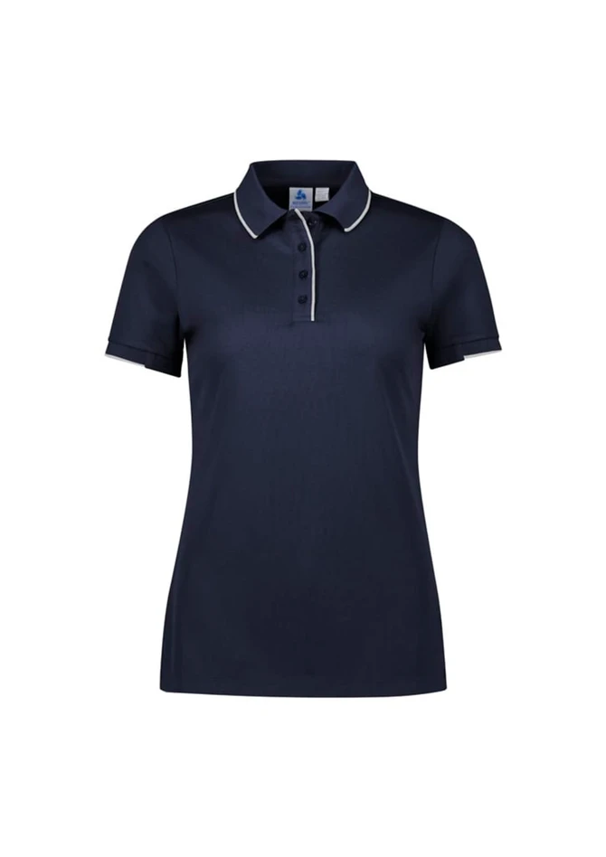 A navy women's short sleeve polo with a contrasting collar and branding.