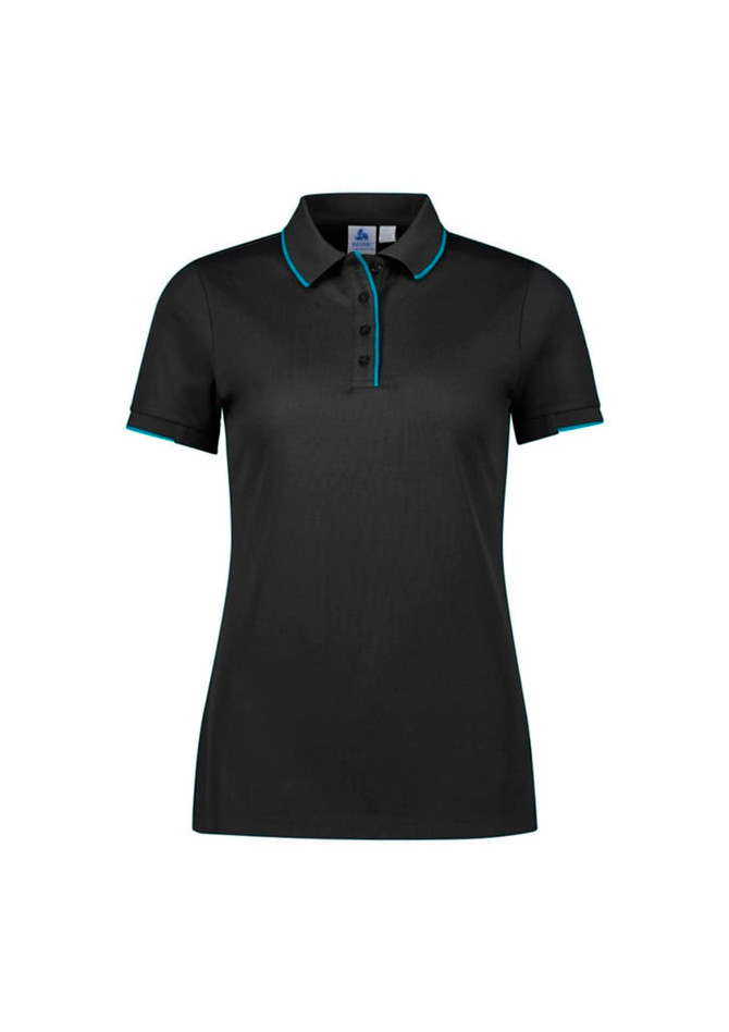A women's short sleeve polo shirt in black with teal accents and a branded logo on the chest.