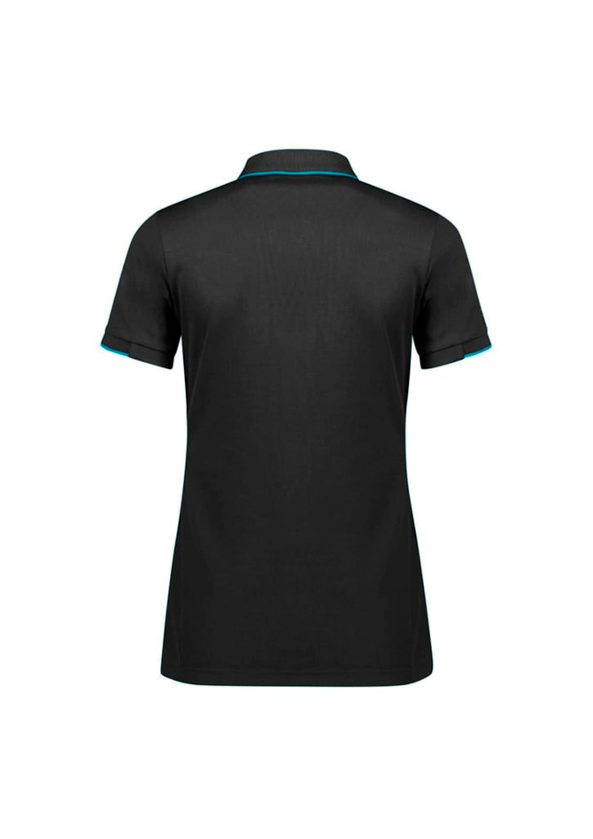 A black women's short sleeve polo shirt featuring turquoise accents and a logo.