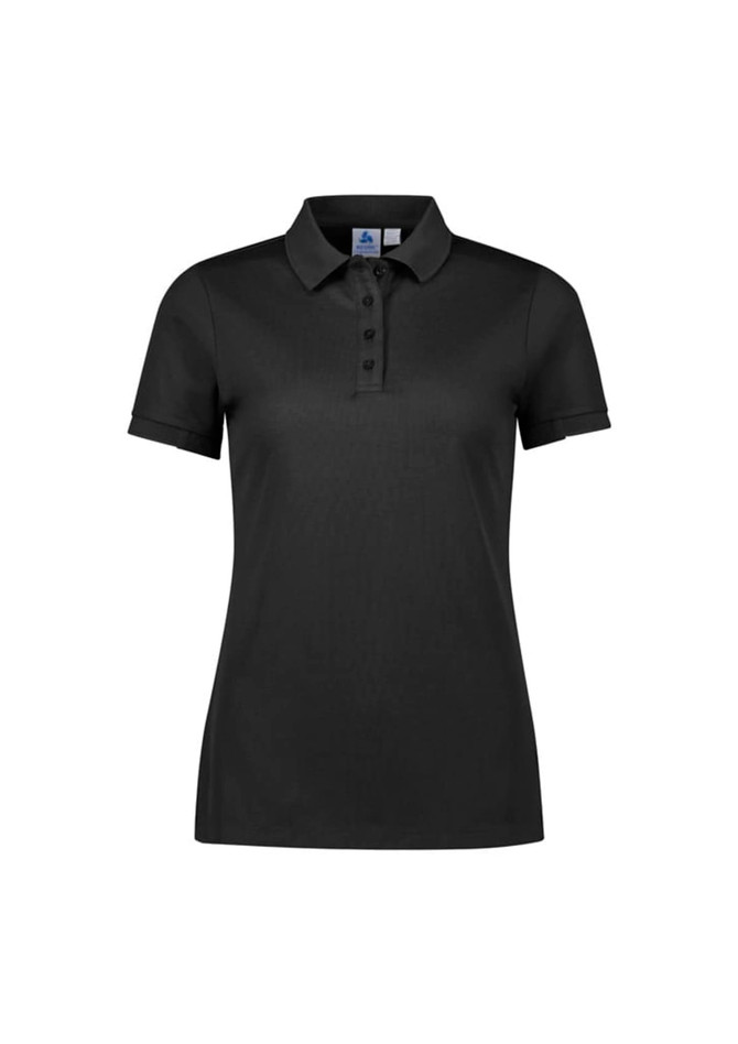 A black women's short sleeve polo shirt with a collar and buttons, featuring a logo.