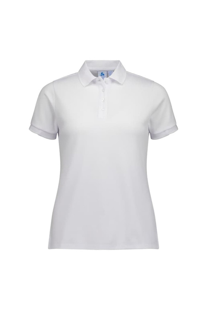 A white women's short sleeve polo shirt with a collar and a logo on the upper left.