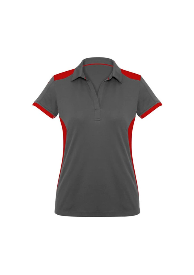A grey women's polo shirt with red accents and a collar, featuring a logo.