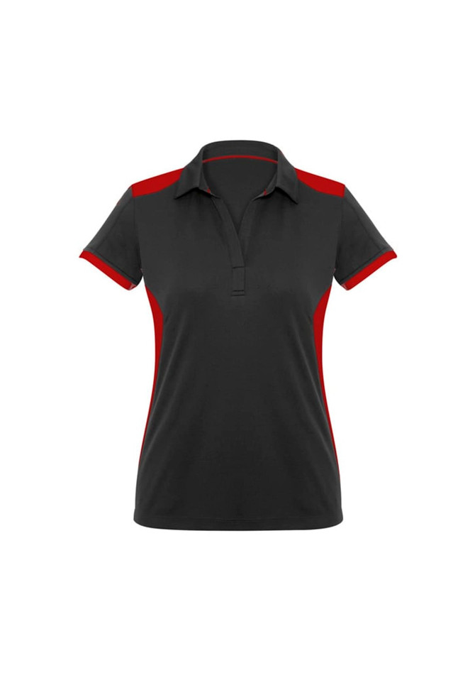 A women's short sleeve polo in black with red accents and a classic collar. It features a logo on the front.