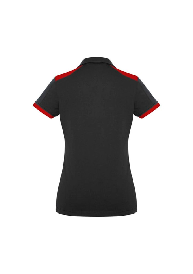 A black women's polo shirt featuring red accents on the collar and sleeves. Brand logo is visible.