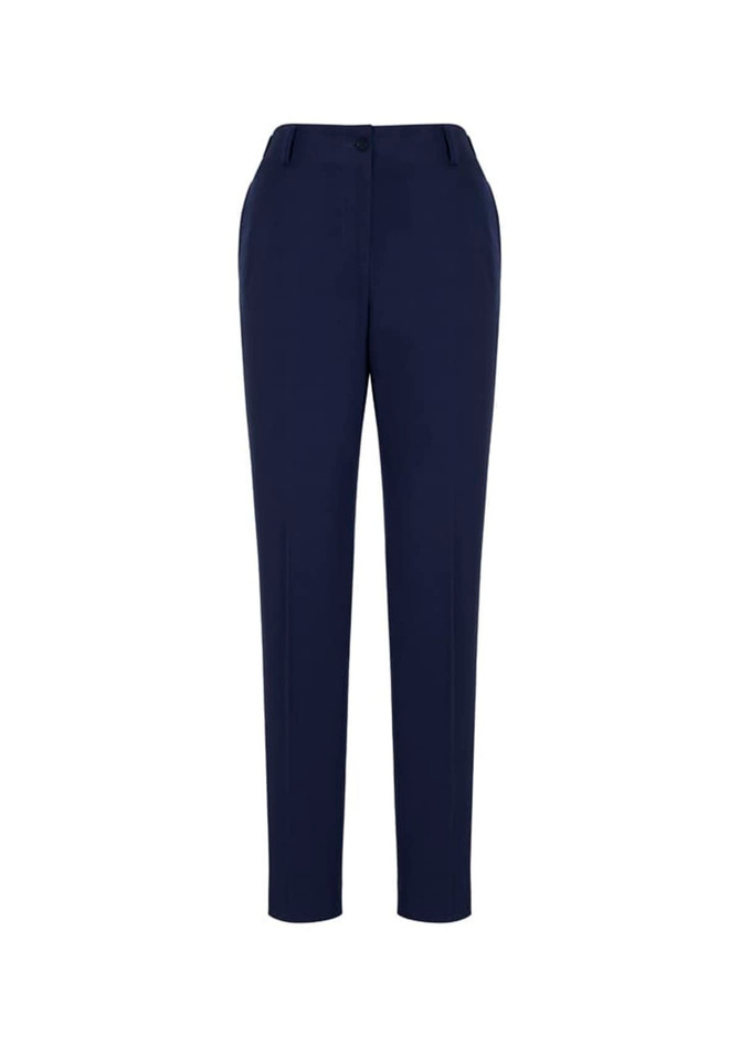A pair of women's navy bandless elastic waist pants with a sleek design and front pockets.