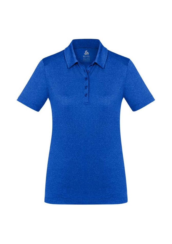 A blue women's polo shirt with short sleeves and a collared neck, featuring a logo on the chest area.