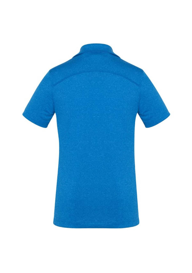 A blue women's polo shirt with short sleeves and a back view, featuring a subtle texture and a logo.
