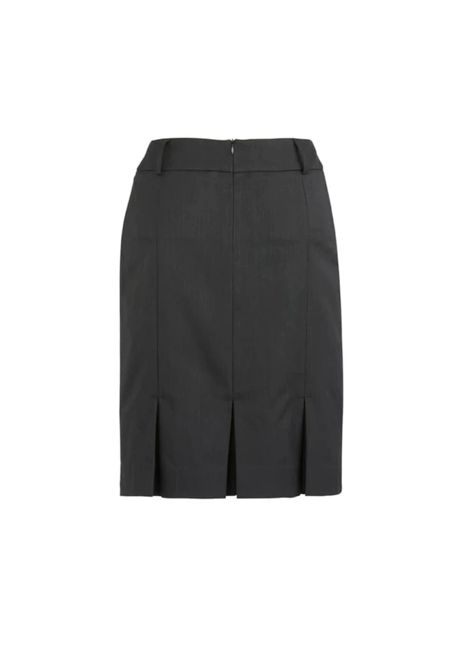 A black multi-pleat skirt with a fitted design and a concealed zipper at the back. It features a waistband and pleats.