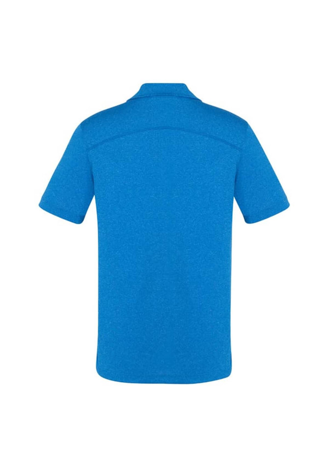 A blue short sleeve polo shirt featuring a textured design and a logo on the back.