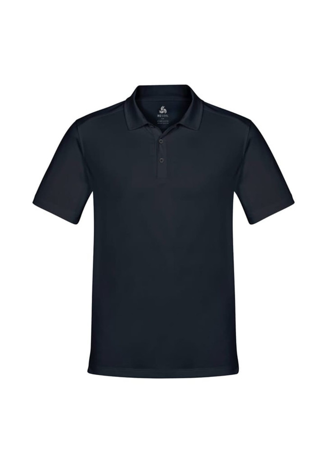A navy blue men's short sleeve polo shirt with a collar and a logo on the chest.