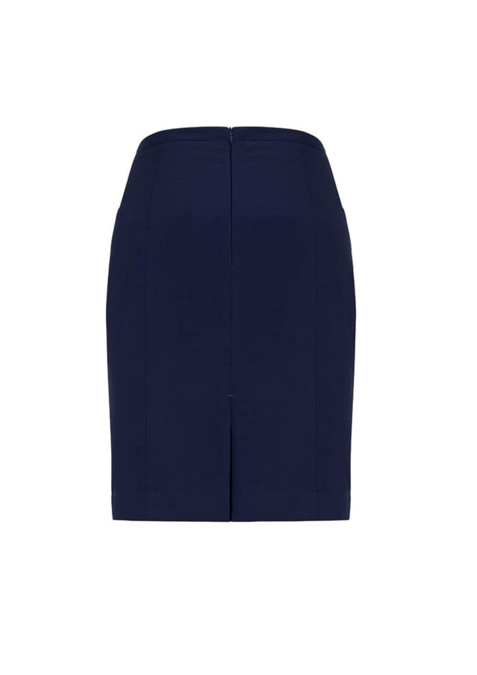 A navy straight skirt featuring front pleat detail and a back zip closure, with a simple design and silhouette.
