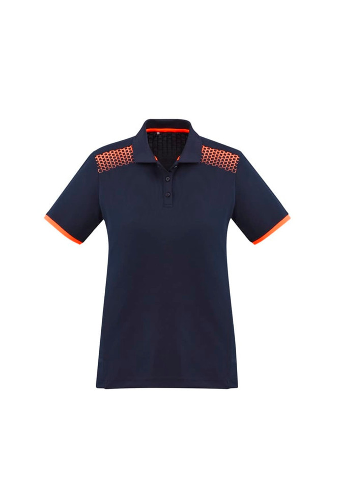 A navy women's polo shirt with orange accents and a patterned design on the shoulders. Features a collar and short sleeves.